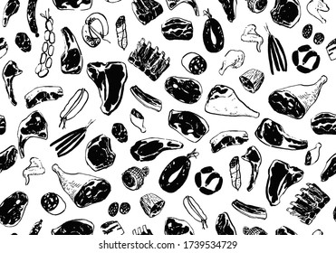 Seamless pattern with drawings of meat cuts and sausages. Meat wrapping paper design