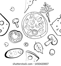 Seamless pattern, drawings on the topic of food, pizzeria, packaging design, vector illustration