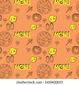 Seamless pattern, drawings on the topic of food, pizzeria, packaging design, vector illustration