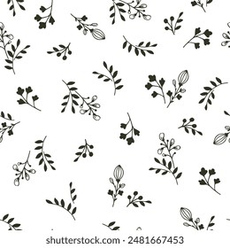 Dibujos de patrones sin fisuras de plantas y flores en estilo doodle. Elementos botánicos en tinta negra sobre fondo blanco. Diseño de tela, Fondo de pantalla, Plantillas, cubiertas