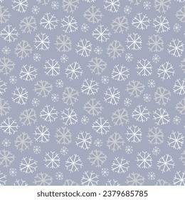 Seamless pattern with drawings of snow stars in different sizes, printed design.