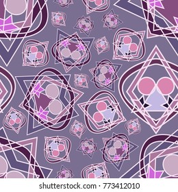 Seamless pattern of drawings of stained glass in purple tones