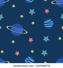 seamless pattern with drawings of stars and planets in space on a dark blue background. cute childish abstract background of galaxy, universe, space. for textile, fabric, wallpaper