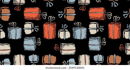 Seamless pattern of drawn abstract colorful gift boxes with bows, wallpaper, paper, wrapping