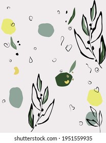 seamless pattern with drawn abstract olive branches and leaves. Contour of black abstract leaves, colored spots of boisha clippings. Childrens doodle drawing vector isolated on white background