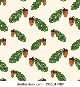 Seamless pattern of drawn acorns with leaves