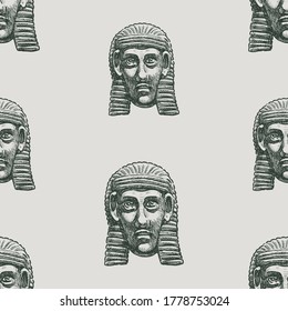 Seamless pattern of drawn ancient architectural detail in form of Egyptian face