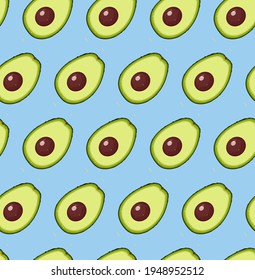 Seamless pattern with drawn avocado slises to the blue background