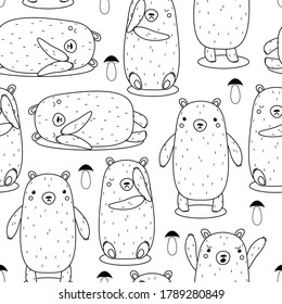 seamless pattern with drawn bears and mushrooms. vector illustration. black outlines on a white background. cute cartoon characters for coloring books.