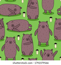 seamless pattern with drawn bears and mushrooms. vector illustration.  cute cartoon characters.
