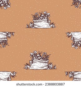 Seamless pattern of drawn big bag with various christmas gifts
