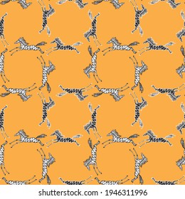 Seamless pattern of drawn black and white galloping horses