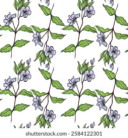 Seamless Pattern With Drawn Blooming Blue Branches