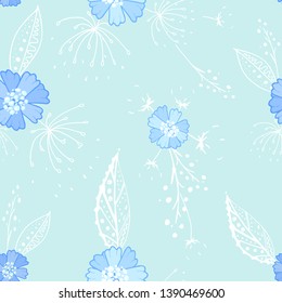 Seamless pattern drawn blue flowers and foliage with swatch. Pastel colours cyan and blue endless tile.
