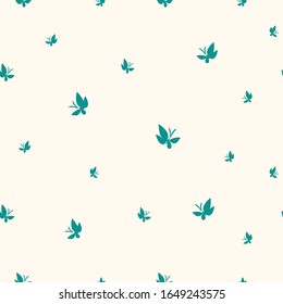 Seamless pattern drawn butterflies. Turquoise moths flutter pattern on light yellow. Simple vector background for design.