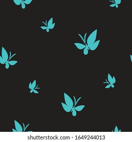 Seamless pattern drawn butterflies. Turquoise moths flutter pattern on black. Simple vector background for design.