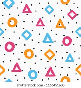 Seamless pattern drawn by hand. Irregular polka dot and repetitive geometric shapes. Sketch, watercolour, grunge, graffiti. Gray, black, orange, purple, blue. Vector illustration.