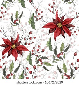seamless pattern drawn by hand, isolated on a white background. realistic Botanical bouquets of winter flowers (poinsettia, mistletoe, Holly). for printing, paper, greetings, holidays. vintage style