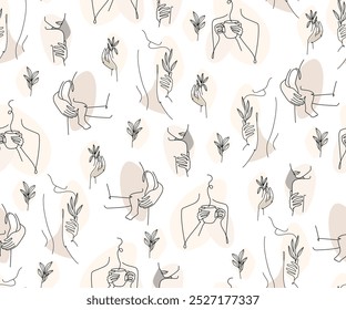 Seamless pattern drawn by hands in line art style. The background is dedicated to femininity, motherhood, nature, new life.