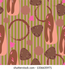 Seamless pattern with drawn candies, cookies and chocolate truffles at coloured background.
