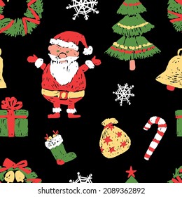 Seamless pattern of drawn cartoon christmas symbols, Santa Claus, fir tree, wreath and holiday gifts
