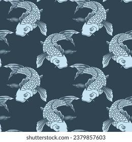 Seamless pattern, drawn catfish fish on a blue water background. Print, background, vector