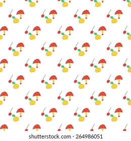 Seamless pattern drawn from cherry, mushroom and Apple on white background