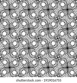 seamless pattern drawn with circles and linear figures on a white background, vector, black and white, mosaic