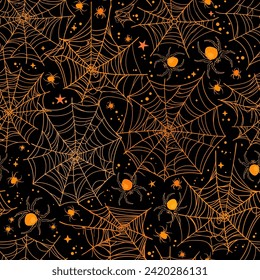 Seamless pattern of drawn cobwebs with spiders