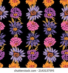 Seamless pattern from drawn colorful camomiles flowers inrows