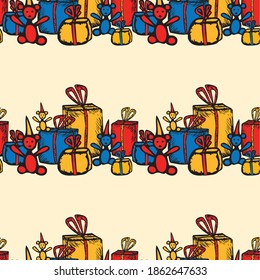 Seamless pattern of drawn colorful gift boxes amd teddy bears