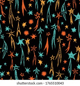 Patrón sin fisuras de estrellas y cometas pintadas de colores en el cielo nocturno