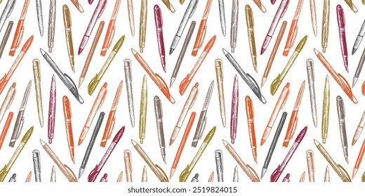 Seamless pattern of drawn colorful textured pens, writing instruments, stationery, vector background, paper