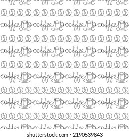Seamless pattern drawn with a continuous line. One line the coffee, coffee cup and coffee beans. Vector illustration.