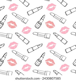 Seamless pattern, drawn contour cosmetics lipsticks and lip prints. Makeup background, textile, vector