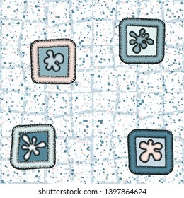 Seamless pattern. Drawn convex blots in frames scattered over a multi-color background.