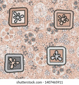 Seamless pattern. Drawn convex blots in the framework and abstract elements. Multicolor.