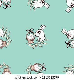 Seamless pattern of drawn cute cartoon Easter bunny and basket with eggs