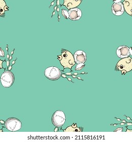 Seamless pattern of drawn cute cartoon Newborn Easter chick