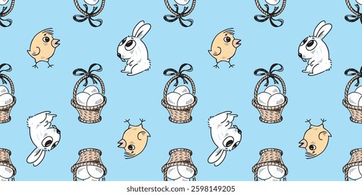 Seamless pattern of drawn cute cartoon Easter chicks, bunnies, baskets with eggs, blue background, paper, fabric, wrapper, vector illustration