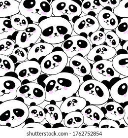 seamless pattern of drawn cute pandas with pink cheeks