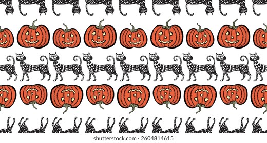Seamless pattern of drawn decorative halloween pumpkins and cats in rows, vector background, paper, textile, wallpaper, fabric