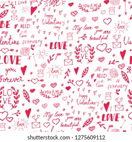 Seamless pattern with drawn design elements for Valentine's day
