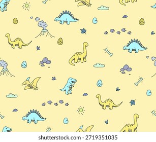 Nahtloses Muster im Doodle-Stil zum Thema Dinosaurier und die Jurassic Periode gezeichnet	