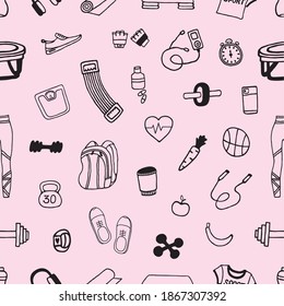 Patrón sin inconvenientes dibujado en forma de doodles con elementos para las clases de fitness.