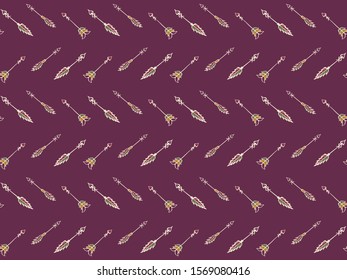 Seamless pattern of drawn ethnic arrows on a purple background. Vector.