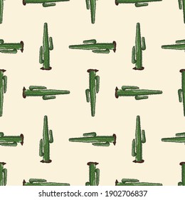 Seamless pattern of drawn evergreen desert cactuses