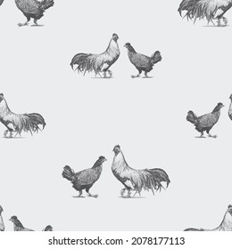 Seamless pattern of drawn farm roosters and hens