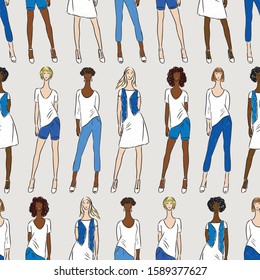 Seamless pattern of drawn fashionable young women