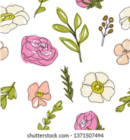 Seamless pattern with and drawn flowers and leaves, oneline style, continuous drawing
